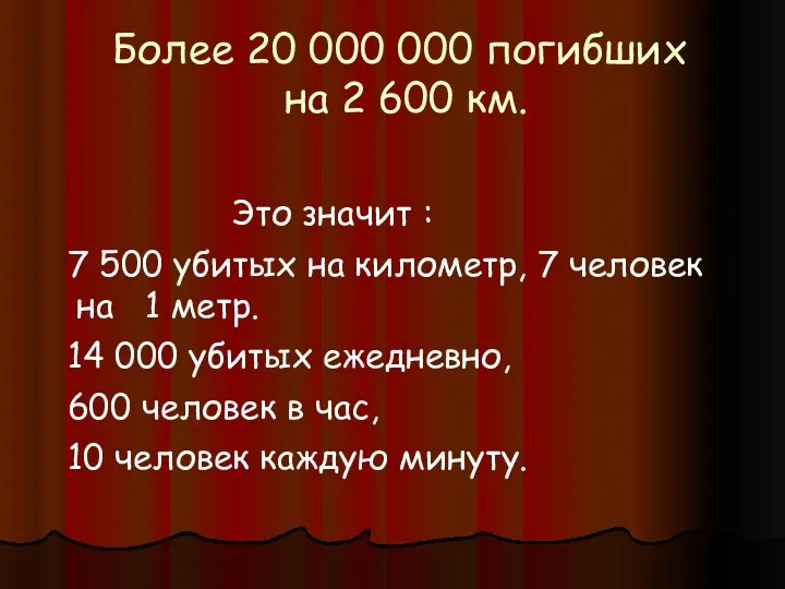 Более 20 000 000 погибших на 2 600 км. Это значит : 7