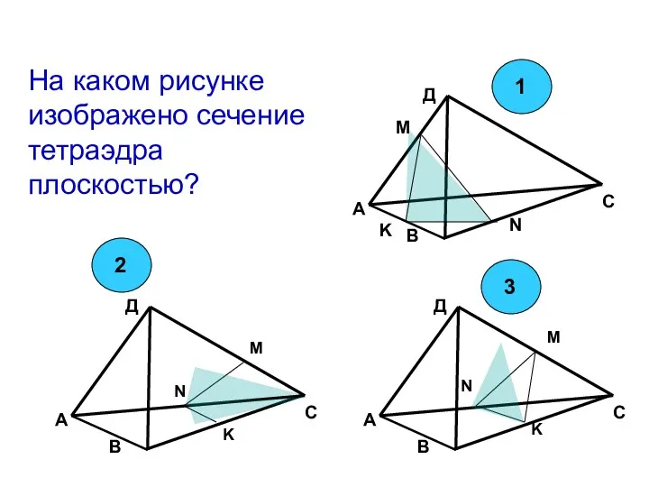 На каком рисунке изображено сечение тетраэдра плоскостью? M N K M M K K N N