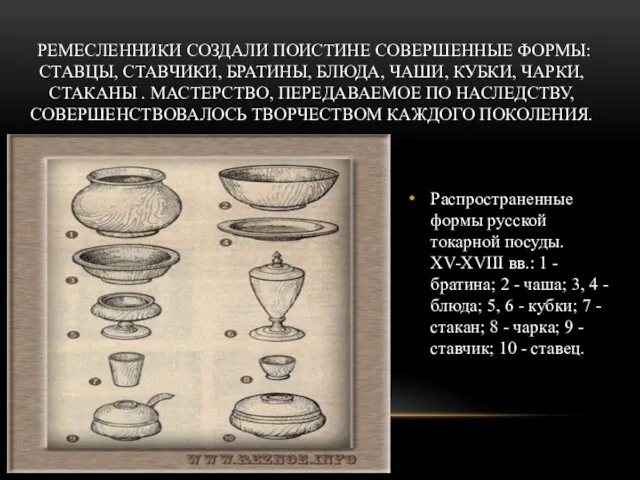 Распространенные формы русской токарной посуды. XV-XVIII вв.: 1 - братина; 2 - чаша;