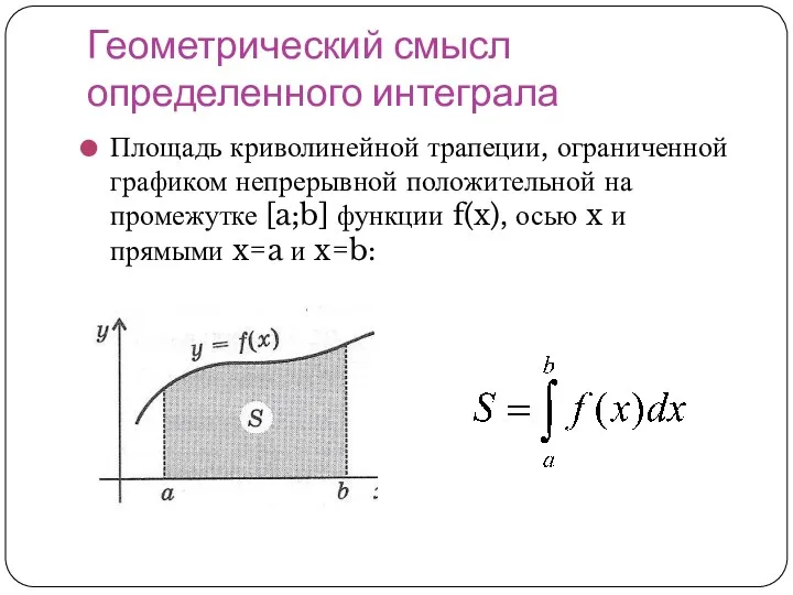 Геометрический смысл определенного интеграла Площадь криволинейной трапеции, ограниченной графиком непрерывной положительной на промежутке