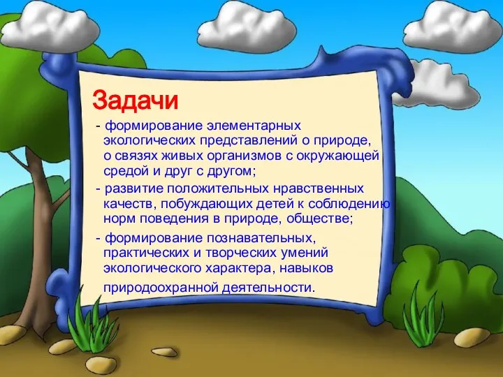 - формирование элементарных экологических представлений о природе, о связях живых