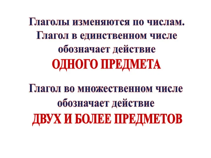 Глаголы изменяются по числам. Глагол в единственном числе обозначает действие ОДНОГО ПРЕДМЕТА Глагол