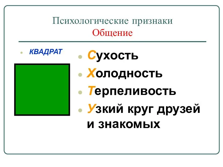 Психологические признаки Общение КВАДРАТ Сухость Холодность Терпеливость Узкий круг друзей и знакомых