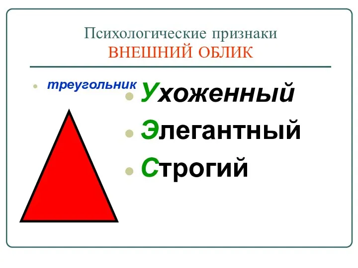 Психологические признаки ВНЕШНИЙ ОБЛИК треугольник Ухоженный Элегантный Строгий