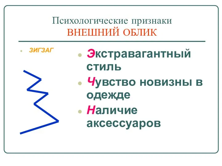 Психологические признаки ВНЕШНИЙ ОБЛИК ЗИГЗАГ Экстравагантный стиль Чувство новизны в одежде Наличие аксессуаров