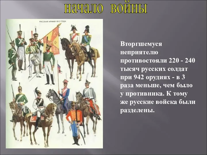 Вторгшемуся неприятелю противостояли 220 - 240 тысяч русских солдат при 942 орудиях -