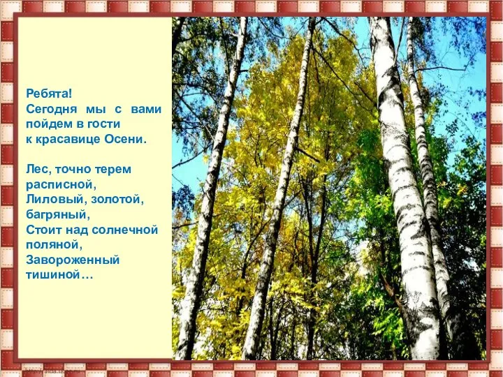 Ребята! Сегодня мы с вами пойдем в гости к красавице Осени. Лес, точно