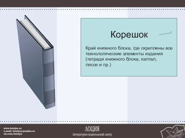 Корешок Край книжного блока, где скреплены все технологические элементы издания