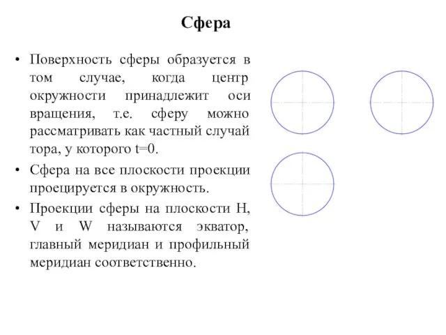Сфера Поверхность сферы образуется в том случае, когда центр окружности принадлежит оси вращения,