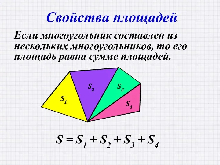 Свойства площадей Если многоугольник составлен из нескольких многоугольников, то его