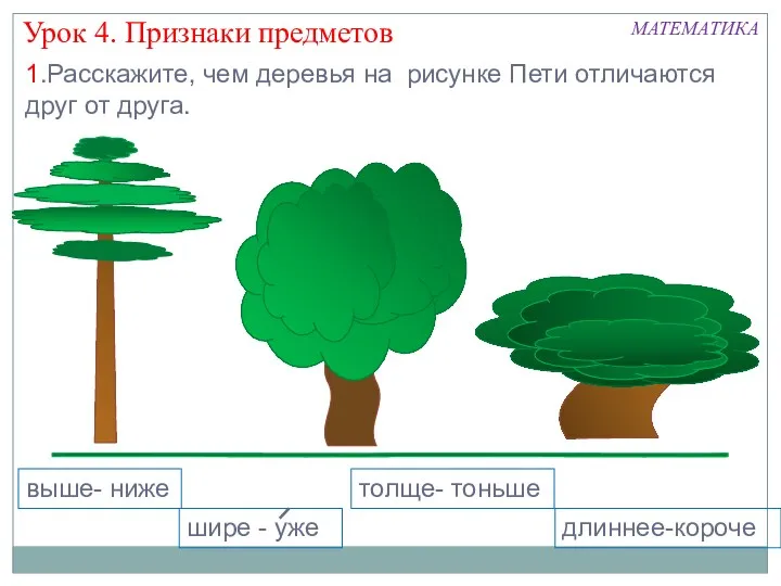 Урок 4. Признаки предметов 1.Расскажите, чем деревья на рисунке Пети