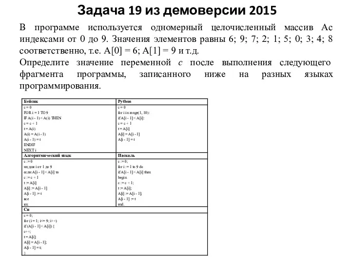 Задача 19 из демоверсии 2015 В программе используется одномерный целочисленный