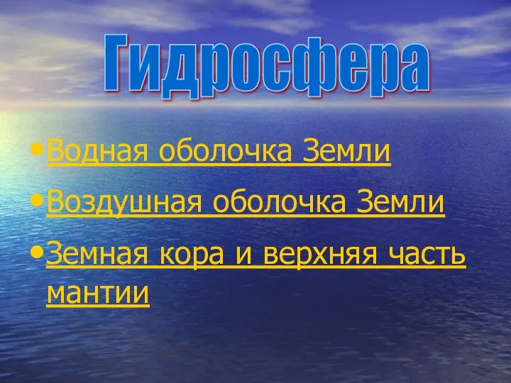 Водная оболочка Земли Воздушная оболочка Земли Земная кора и верхняя часть мантии Гидросфера