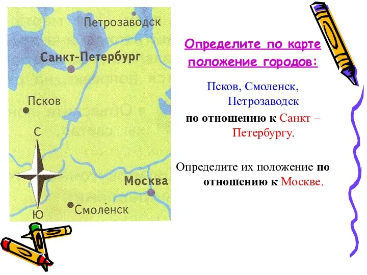 Определите по карте положение городов: Псков, Смоленск, Петрозаводск по отношению