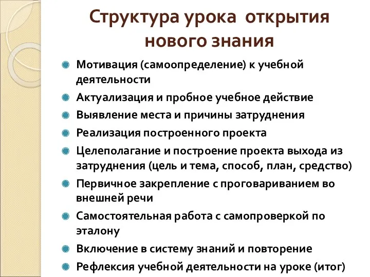 Структура урока открытия нового знания Мотивация (самоопределение) к учебной деятельности