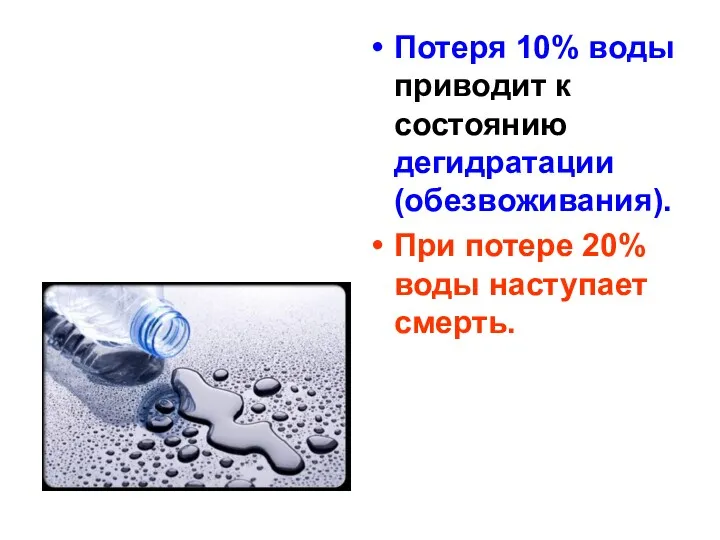 Потеря 10% воды приводит к состоянию дегидратации (обезвоживания). При потере 20% воды наступает смерть.