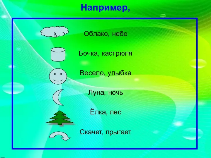 Например, Облако, небо Бочка, кастрюля Весело, улыбка Луна, ночь Ёлка, лес Скачет, прыгает