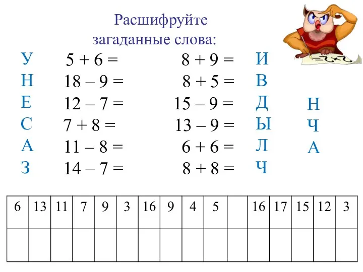 Расшифруйте загаданные слова: 5 + 6 = 8 + 9