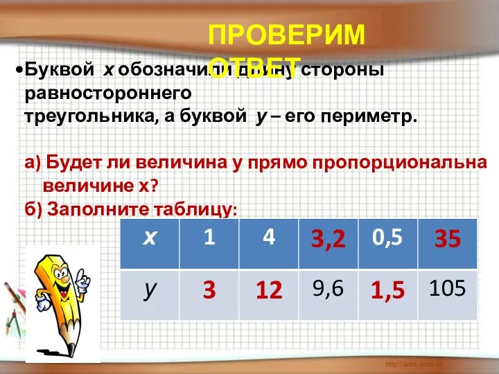 Буквой х обозначили длину стороны равностороннего треугольника, а буквой у