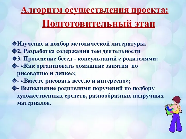 Алгоритм осуществления проекта: Подготовительный этап Изучение и подбор методической литературы.