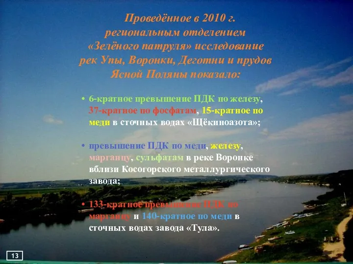 Проведённое в 2010 г. региональным отделением «Зелёного патруля» исследование рек