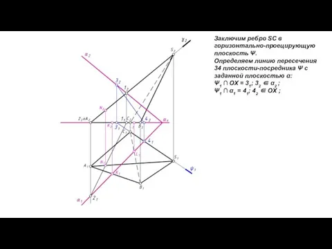 Заключим ребро SC в горизонтально-проецирующую плоскость Ψ. Определяем линию пересечения