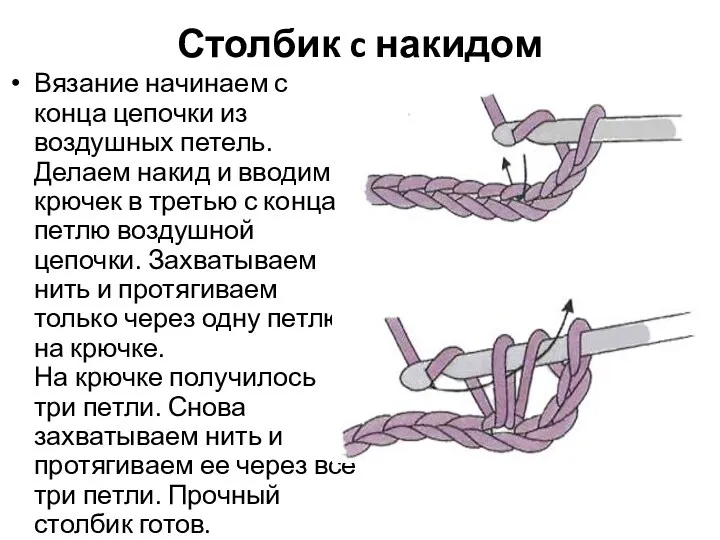 Столбик c накидом Вязание начинаем с конца цепочки из воздушных петель. Делаем накид