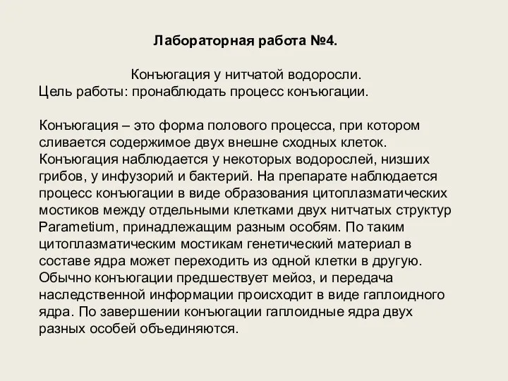 Лабораторная работа №4. Конъюгация у нитчатой водоросли. Цель работы: пронаблюдать