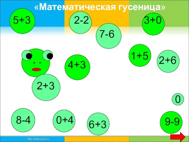 2+3 5+3 8-4 4+3 7-6 1+5 6+3 9-9 0 2-2 2+6 3+0 0+4 «Математическая гусеница»