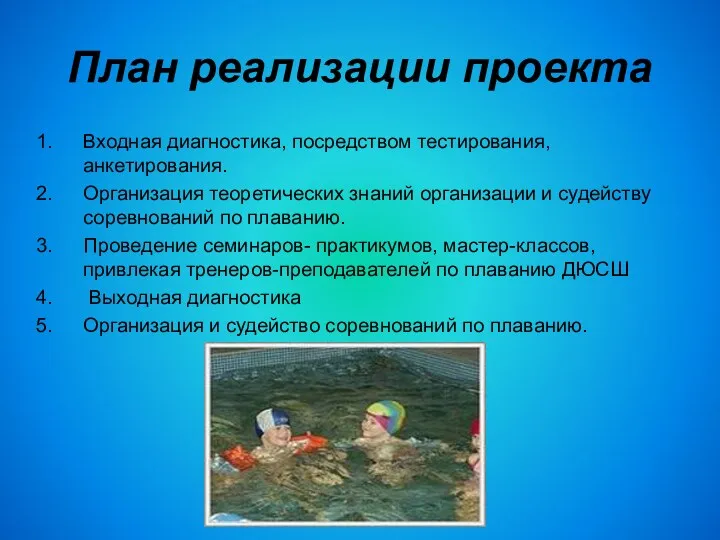 План реализации проекта Входная диагностика, посредством тестирования, анкетирования. Организация теоретических знаний организации и