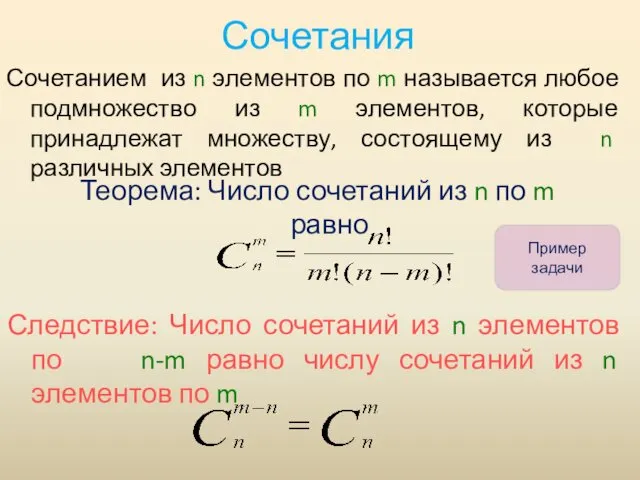 Сочетания Сочетанием из n элементов по m называется любое подмножество