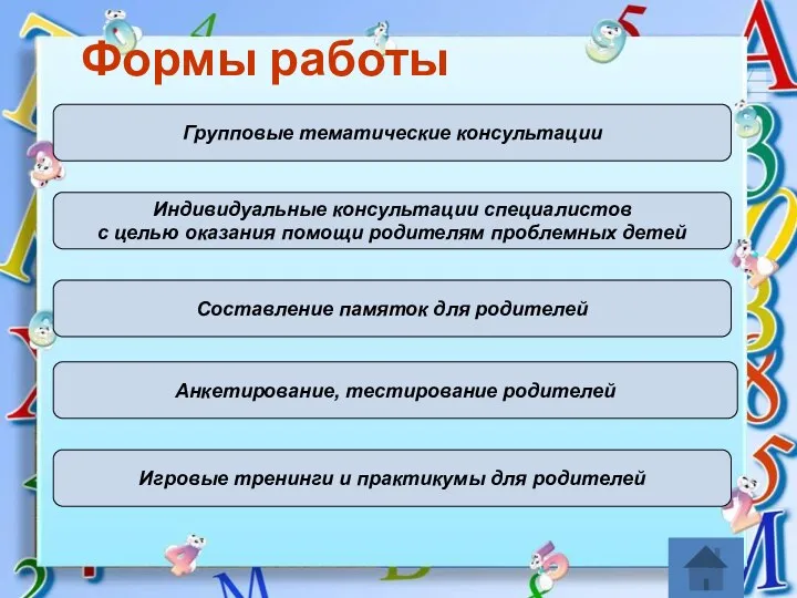 Формы работы Групповые тематические консультации Индивидуальные консультации специалистов с целью