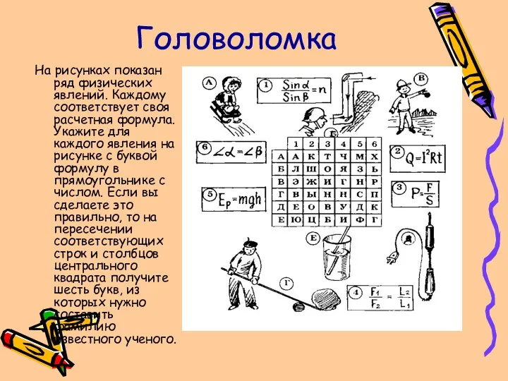 Головоломка На рисунках показан ряд физических явлений. Каждому соответствует своя