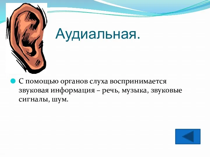 Аудиальная. С помощью органов слуха воспринимается звуковая информация – речь, музыка, звуковые сигналы, шум.