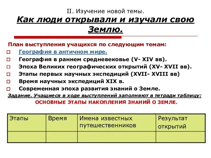 II. Изучение новой темы. Как люди открывали и изучали свою