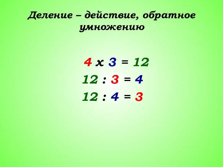 Деление – действие, обратное умножению 4 х 3 = 12