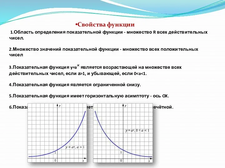 1.Область определения показательной функции - множество R всех действительных чисел.