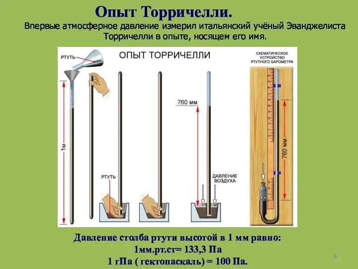 Опыт Торричелли. Впервые атмосферное давление измерил итальянский учёный Эванджелиста Торричелли