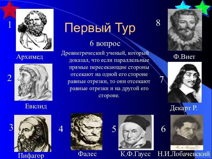 Первый Тур 6 вопрос Древнегреческий ученый, который доказал, что если