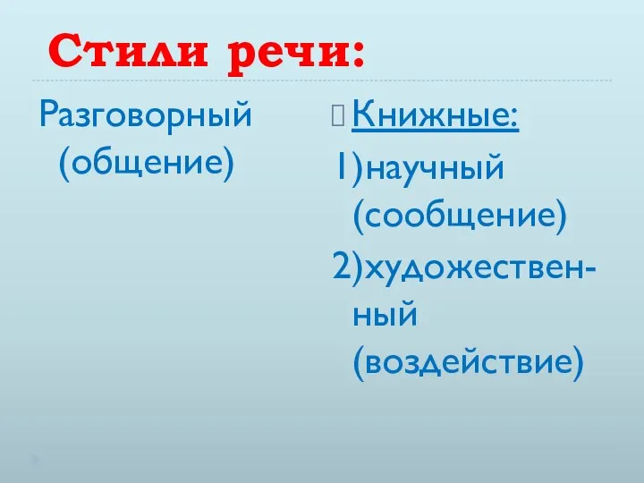 Стили речи: Разговорный (общение) Книжные: 1)научный(сообщение) 2)художествен-ный (воздействие)