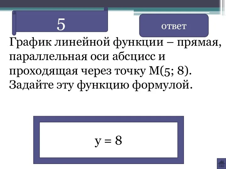 График линейной функции – прямая, параллельная оси абсцисс и проходящая