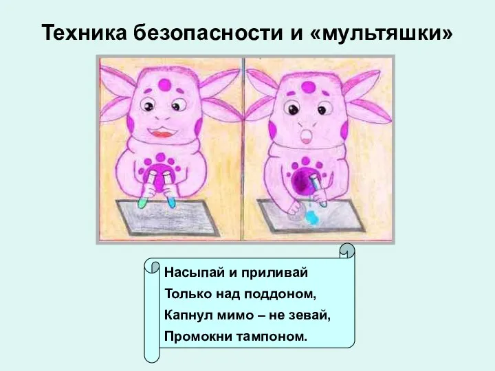 Техника безопасности и «мультяшки» Насыпай и приливай Только над поддоном,