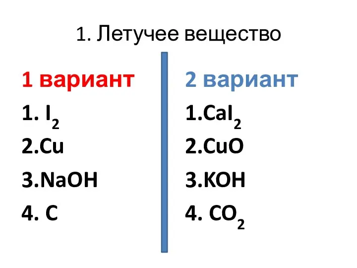 1. Летучее вещество 1 вариант 1. I2 2.Cu 3.NaOH 4.