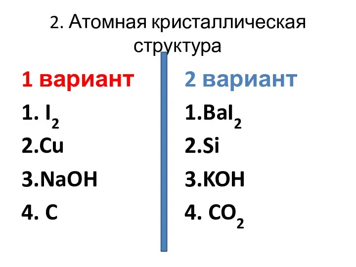 2. Атомная кристаллическая структура 1 вариант 1. I2 2.Cu 3.NaOH