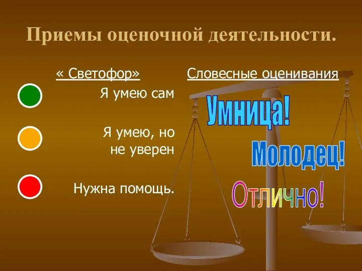 Приемы оценочной деятельности. « Светофор» Я умею сам Я умею,