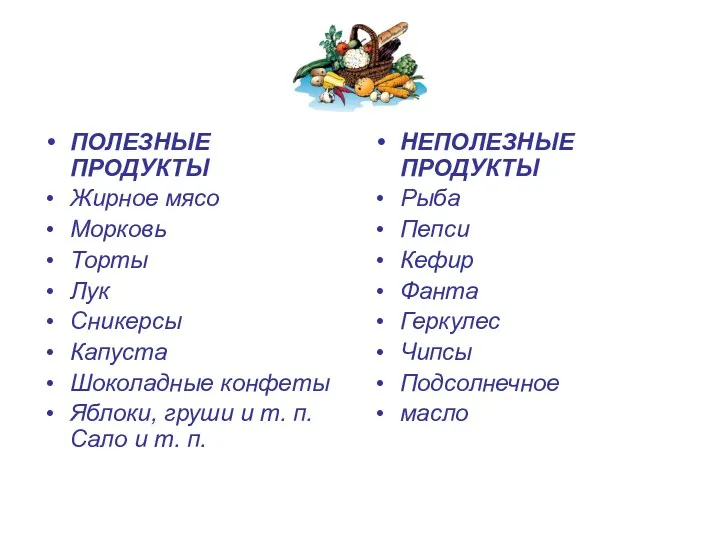 ПОЛЕЗНЫЕ ПРОДУКТЫ Жирное мясо Морковь Торты Лук Сникерсы Капуста Шоколадные