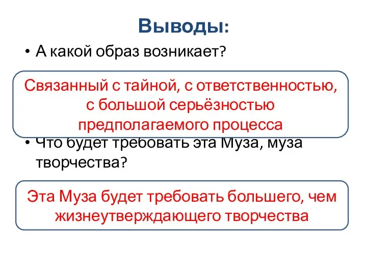 Выводы: А какой образ возникает? Что будет требовать эта Муза, муза творчества? Связанный