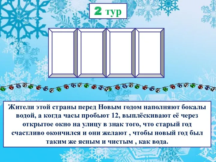 2 тур Жители этой страны перед Новым годом наполняют бокалы водой, а когда