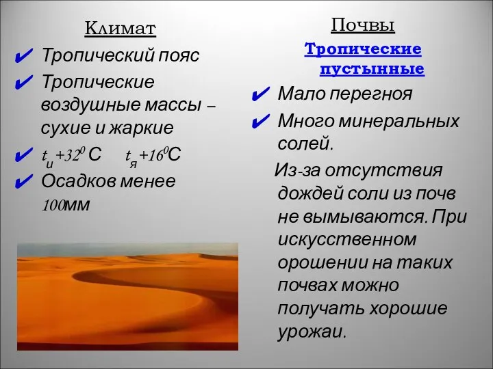 Климат Тропический пояс Тропические воздушные массы – сухие и жаркие