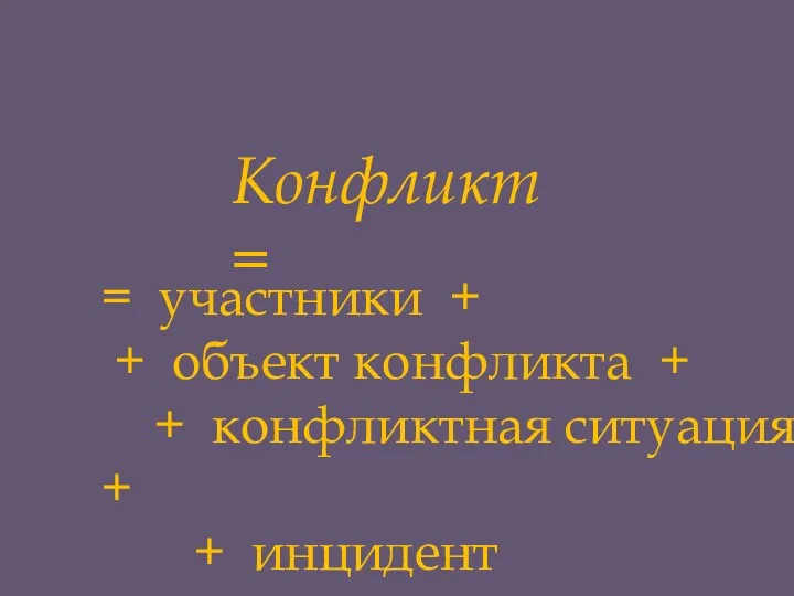 Конфликт = = участники + + объект конфликта + + конфликтная ситуация + + инцидент